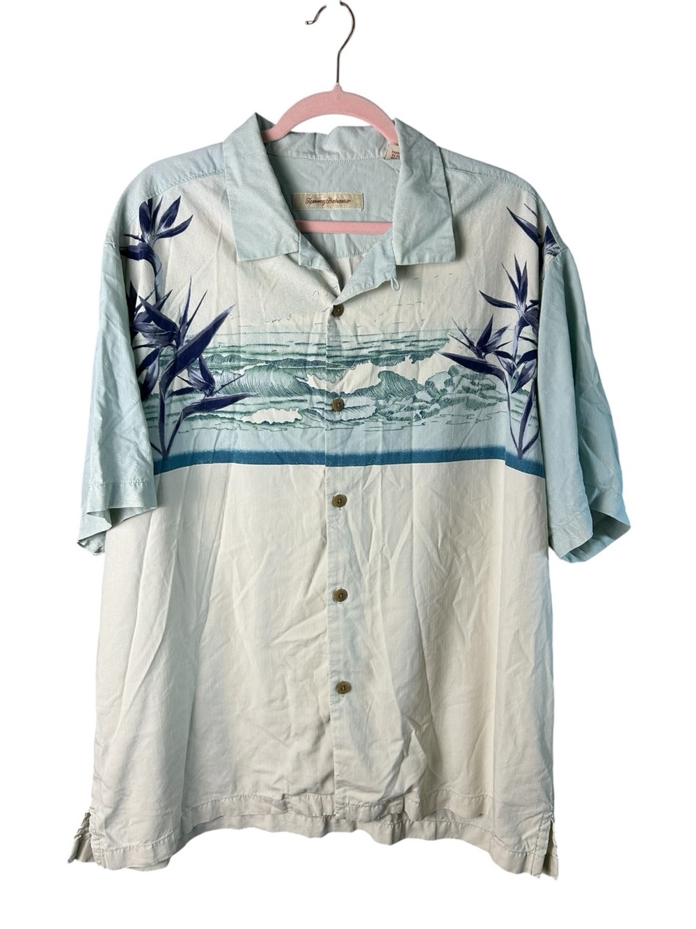 Tommy Bahama Silk Pale Blue & Cream Short-Sleeve Camp Shirt Size extra large